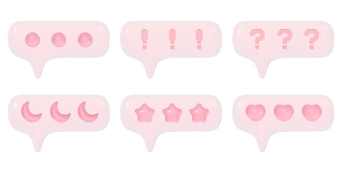 3D Speech bubble icon set, iridescent pink and clear pink plastic materials, y2k, dreamy, kawaii, aesthetic design
