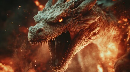 Obraz premium A fierce, fire-breathing dragon with glowing eyes and sharp teeth roars in a fiery inferno.