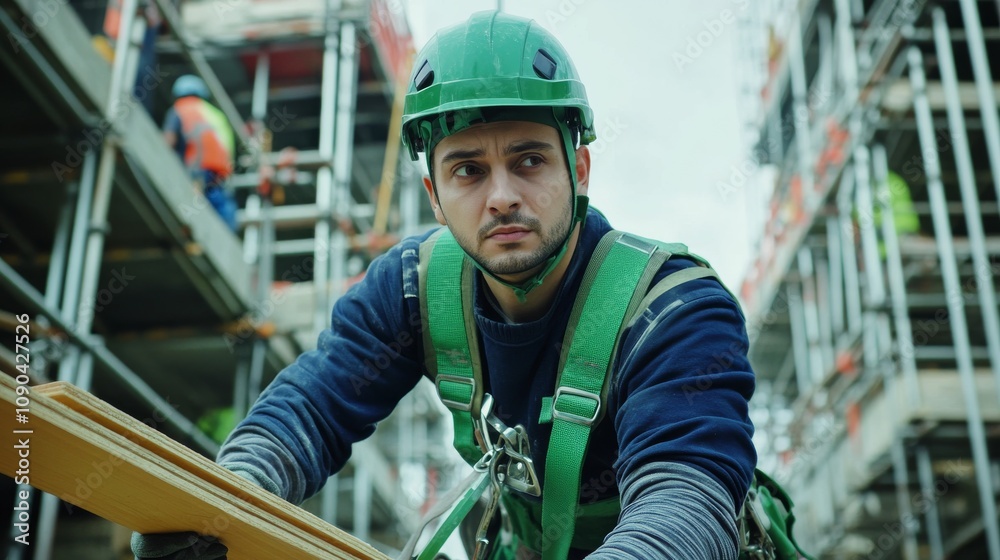 Aufkleber A scaffolding technician in a green safety harness and helmet, securing scaffold planks and looking into the camera, with a background of multi-level scaffolding and construction workers
