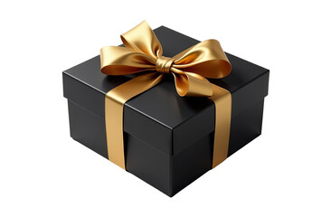 Obraz premium Black gift box with gold ribbon on transparent background. For christmas gift, black friday, big sale. Retail promotions, discount events, social media marketing