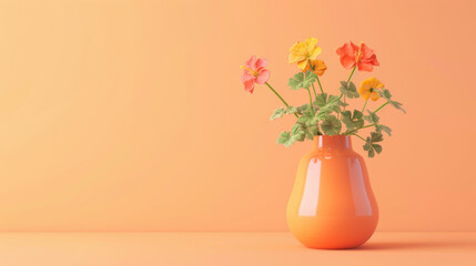 Fototapeta premium Orange Vase with Nasturtiums Flowers on a Peach Background