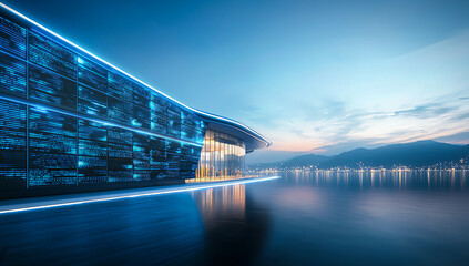 Modern architectural marvel with illuminated facade reflecting on tranquil water at dusk, showcasing sleek design and urban innovation against a serene natural backdrop.