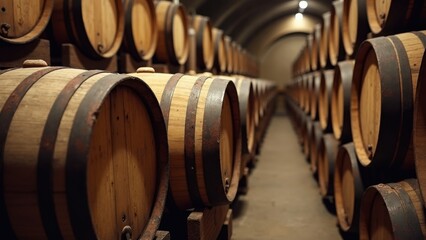 Deep within the cellar, rows of wooden barrels create an organized display, characteristic of wine aging. The warm lighting enhances the rich hues of the oak barrels