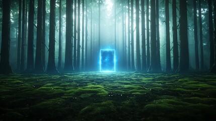 Obraz premium Mystical portal glowing in a serene forest with towering trees, lush green moss, and soft light beams breaking through the canopy, creating an enchanting atmosphere of mystery and