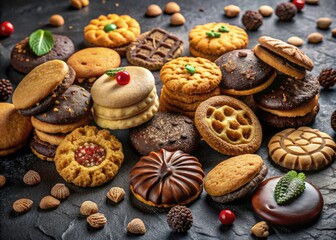 Fototapeta premium Round Cookies Viewed from Above on Dark Background - Sweet Treats, Delicious Desserts, Baked Goods, Chocolate Chip, Sugar Cookies, Gourmet Snacks, High Depth of Field, Food Photography, Dessert Table
