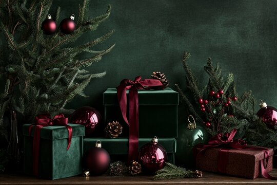 Emerald Elegance: A festive Christmas tableau of deep green velvet gift boxes adorned with burgundy ribbons and ornaments. - Powered by Adobe