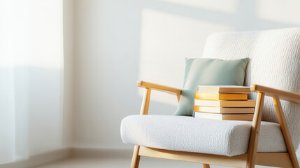 A cozy armchair adorned with cushions and stacked books, perfect for creating a serene reading nook in a bright room.