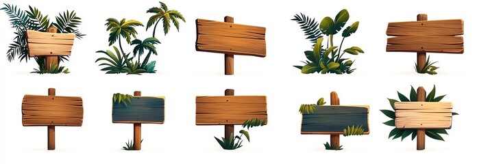 Fototapeta premium Set of various wooden signboards surrounded by tropical leaves on white background, ideal for design and decoration elements