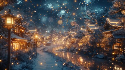 Fototapeta premium A serene winter scene with fireworks illuminating traditional buildings.