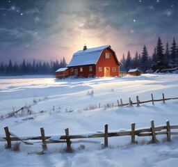 Illustration of barn with winter landscape and mountain behind.