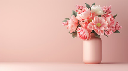 Fototapeta premium Pink Flowers in Vase on Pink Background