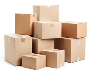 Stacked cardboard boxes on a white background, representing packaging, storage, and moving concepts. Ideal for business logistics and shipping themes.