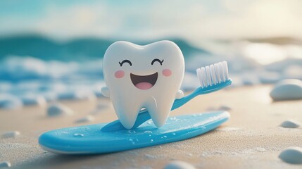 A happy cartoon tooth character is surfing on a surfboard with a toothbrush in hand.