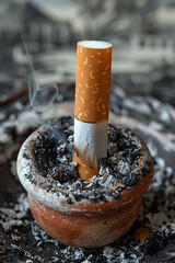 A cigarette is lit and smoking in a small bowl