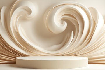 Abstract Minimalist Product Display: An elegant and modern 3D rendered scene featuring a circular podium bathed in soft, warm light. The background showcases intricate swirling organic shapes.