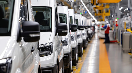 A line of white vans ready for assembly in an automotive factory, showcasing industrial production and manufacturing processes.