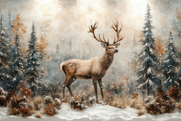 Obraz premium A majestic deer stands gracefully in a snowy forest, surrounded by tall trees and a serene winter atmosphere.