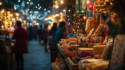 Obraz premium Yangon Winter Market, stalls lined up decorated with warm lights and winter decorations, Ai generated images