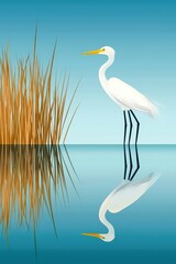 Reflections of heron and reeds on still water