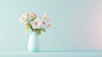 White Flowers in a Blue Vase on a Turquoise Background