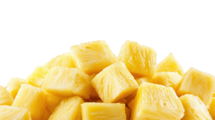 Fresh, delicious pineapple cubes stacked high, perfect for tropical dishes and desserts. transparent background