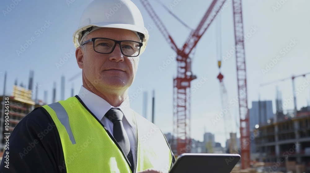 Poster a site supervisor in a white hard hat and reflective vest, holding a tablet and looking into the cam