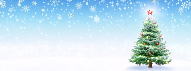 Obraz premium A beautiful Christmas tree in the snow, a blue sky with stars and clouds, snowflakes falling from above, a snowy landscape with trees covered in white frost, a magical winter scene 