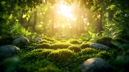Fototapeta premium Sunlit forest path with moss and rocks.