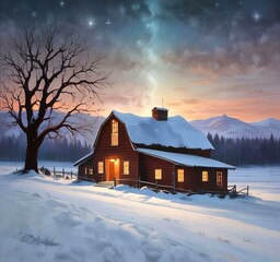 Illustration of barn with winter landscape and mountain behind.