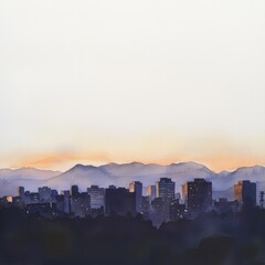 Obraz premium Watercolor painting of a skyline with mountains in the distance and soft evening light on the buildings, on isolated white background