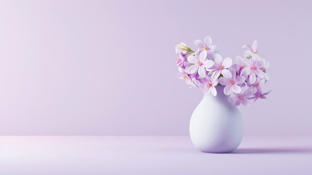 Pink Flowers in a White Vase on a Lavender Background