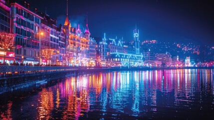 Fototapeta premium Vibrant night scene of a lakeside city illuminated by colorful lights.