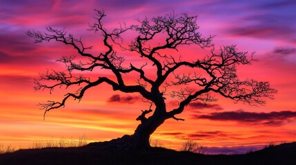 A silhouette of a bare tree stands tall against a vibrant, colorful sunset sky.