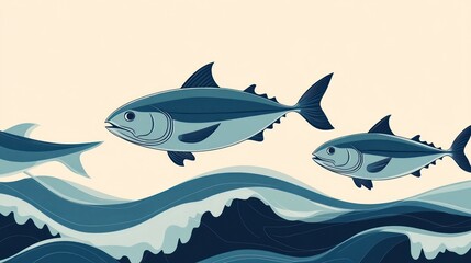 Obraz premium Three blue tuna fish swim in wavy blue ocean with a light beige background.