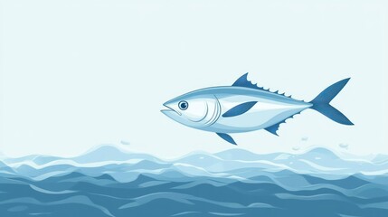 Obraz premium A single blue fish swims above blue waves.