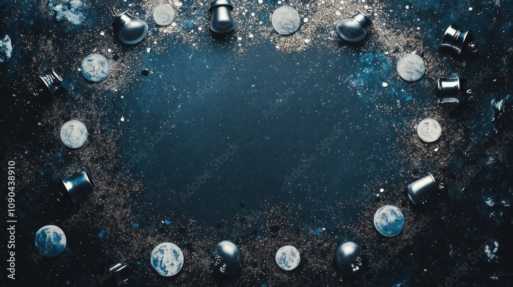 Poster a celestial arrangement of planets and chess pieces in a cosmic setting.