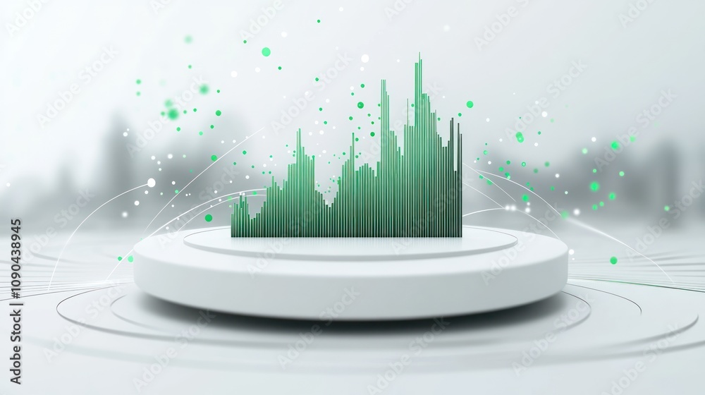 Poster Abstract data visualization featuring green bars on a circular platform with floating particles.