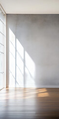 Obraz premium Bright sunlight streams through large windows into a minimalist room with wooden flooring