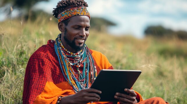 A man in traditional African clothing uses a tablet computer outdoors.