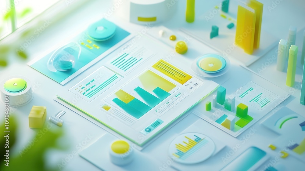 Aufkleber A modern workspace with data visualization tools and charts for analysis.