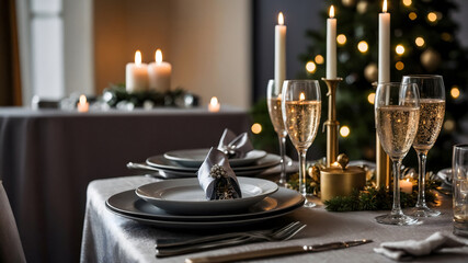 Elegant Dining Table Setting for a Wedding Celebration with Candles and Fine Silverware