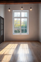 Fototapeta premium Spacious and bright empty room with natural light streaming through large windows