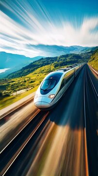 High-speed train speeding through a scenic landscape, vertical footage