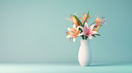 Pink Lily Bouquet in White Vase on Blue Background