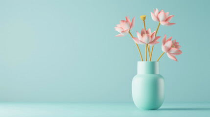 Pink Lotus Flowers in a Blue Vase Against a Light Blue Background