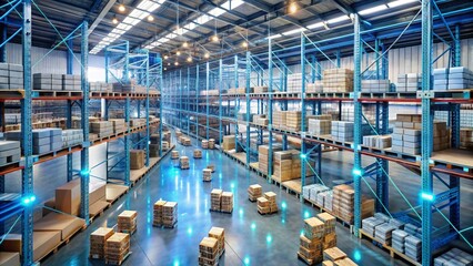 A high-angle view of a futuristic warehouse, with augmented reality data points floating above every row