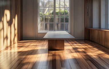 Obraz premium Sunlight illuminates a modern interior with wooden accents and large windows in a cozy space