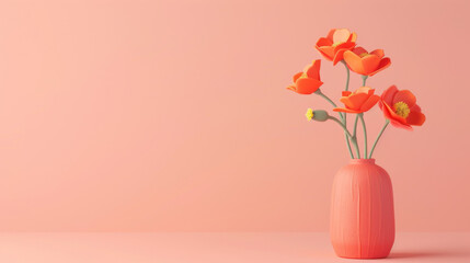 Coral Flowers in Vase on Pink Background