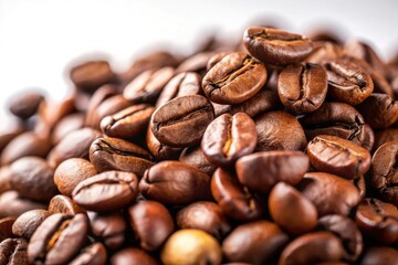 Fototapeta premium Tilt-Shift Photography of Coffee Beans on White Background - Ideal for Coffee Lovers, Gourmet, Espresso, Roasting, Beverage, Cafe, Aromatic, Caffeine, Organic, Fresh, Food Photography, Stock Images