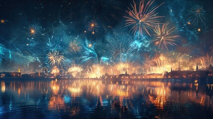 Spectacular fireworks illuminate a serene lakeside cityscape.